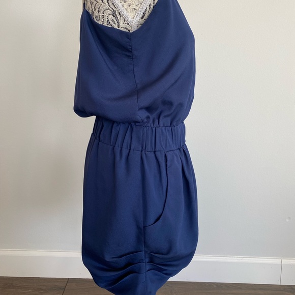 Navy blue romper with gathered sides and cinched waste - Picture 3 of 4